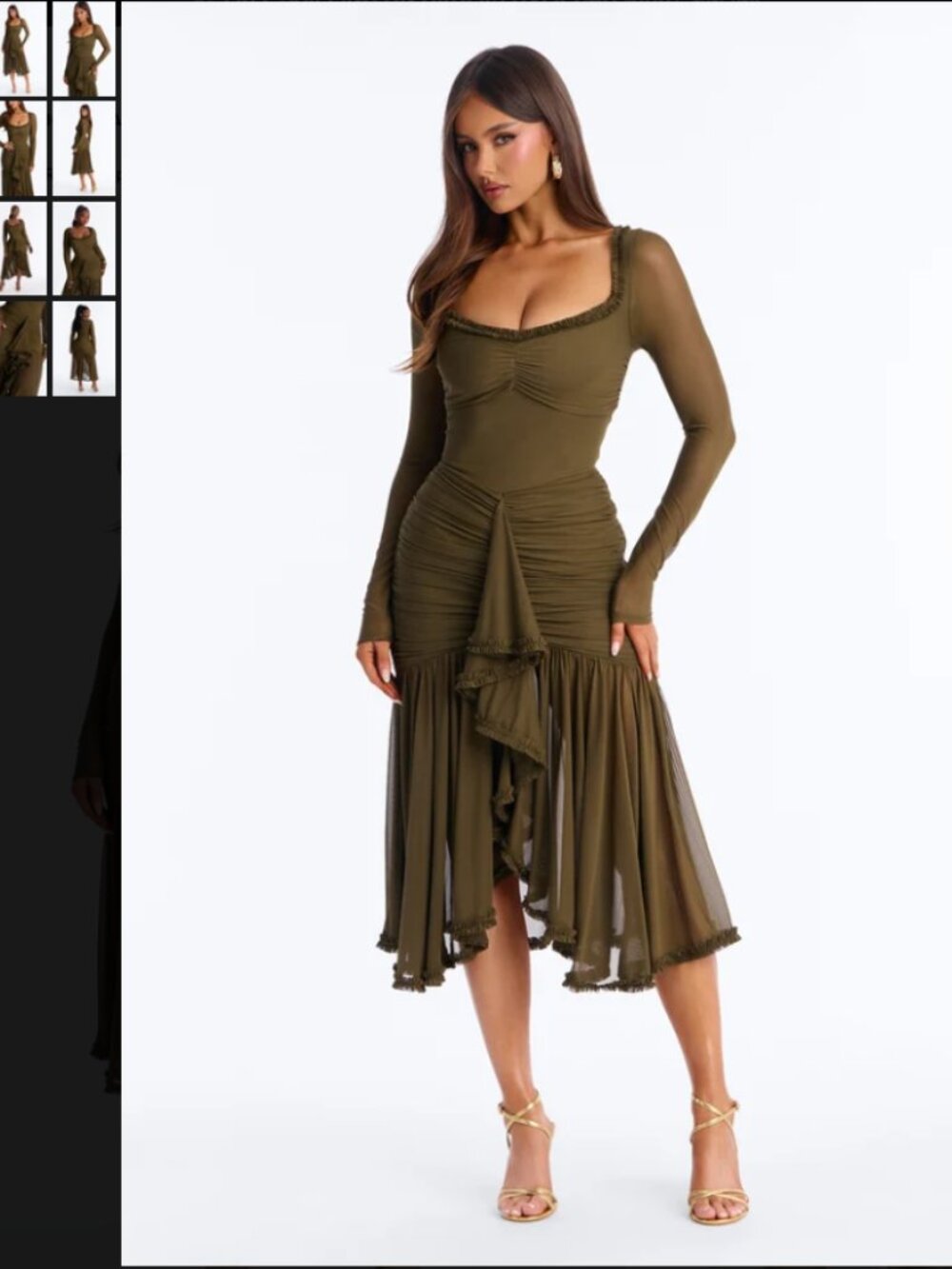 Ruffle Draped Mesh Midi Dress, Size L